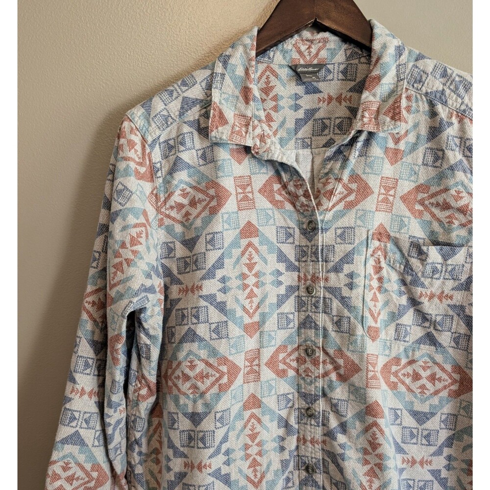 Eddie Bauer Womens Petite Large Gray Aztec Southwestern Button Up Shirt Top PL